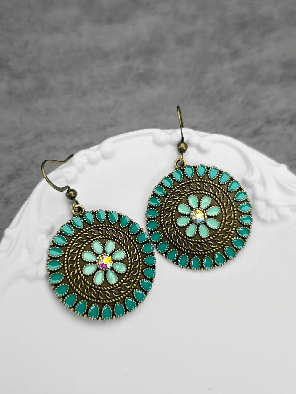 Vintage Boho Green Flower Sphere Drop Earrings Bronze Enamel Jewelry